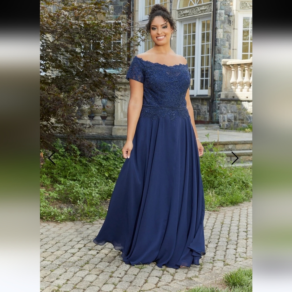 MGNY By Mori Lee 72823 - Embroidered Bodice Evening Gown in Navy, Size 18